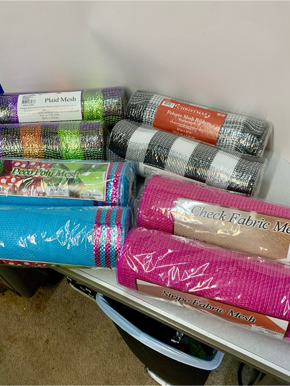 Lot of 8 Deco Mesh Rolls 10" x 10 Yds - Pairs of Halloween, Plaid, Pink & Turquo